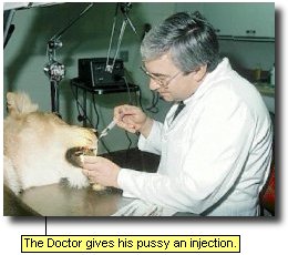 The Doctor gives his pussy an injection.